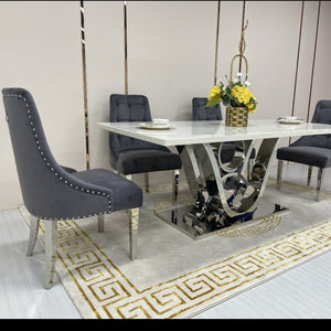 V8 Style Marble Dining Table and 6 Velvet Chairs in silver Stainless Steel frame