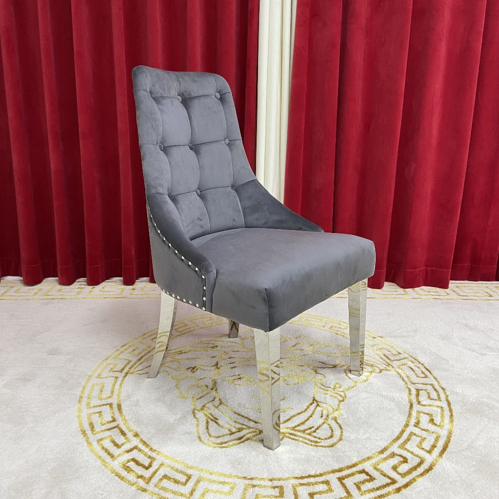 Grey Velvet Classy Dining Room Chairs in Silver Stainless Steel frame