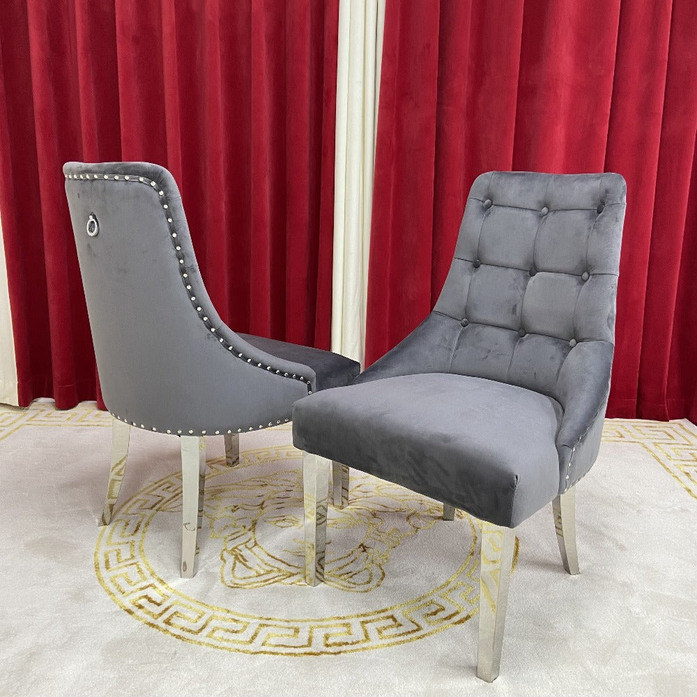 Grey Velvet Dining Room Chairs in Silver Stainless Steel frame