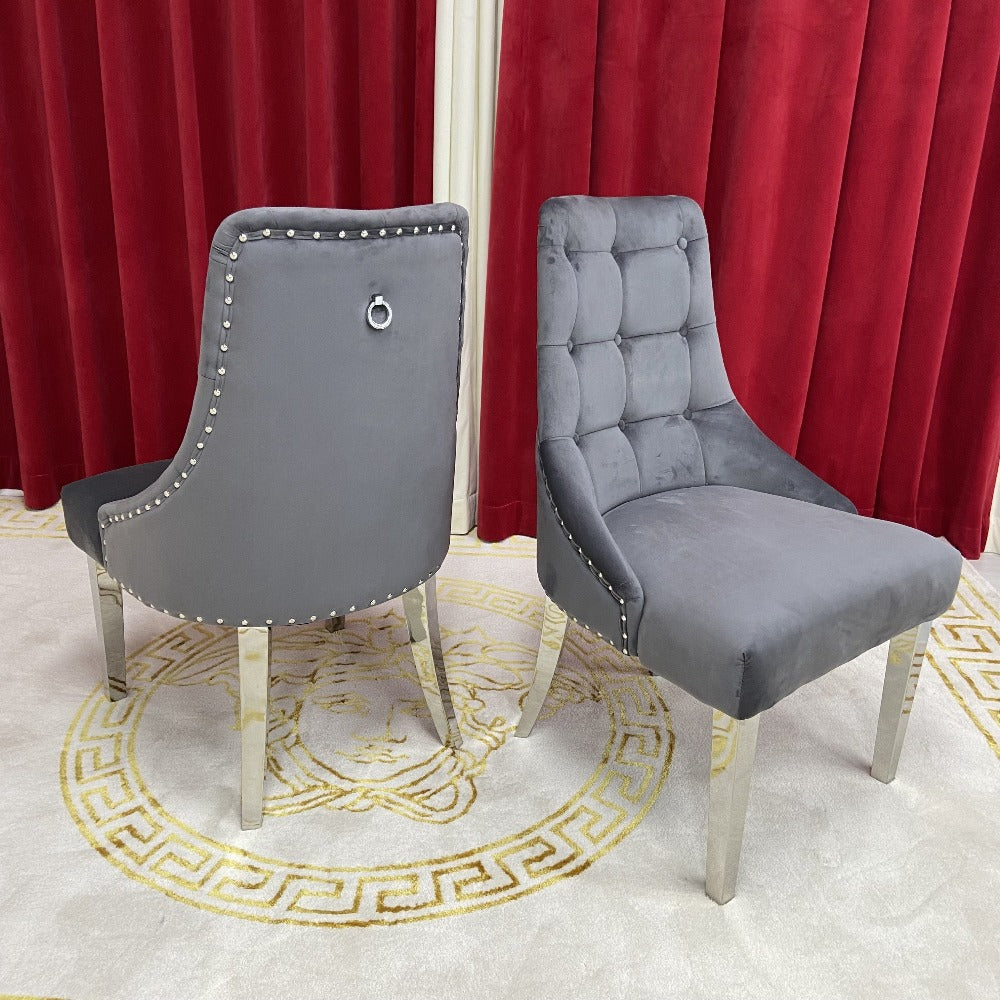 Grey Velvet Dining Room Chairs in Silver Stainless Steel frame