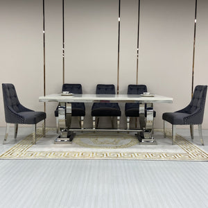 Marble Dining Table with 8 Velvet Dining Room Chairs in Silver Stainless Steel frame