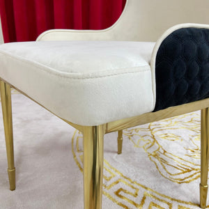Elegant Marble Dining table with 6 Cream Velvet Dining Room Chairs in Gold Stainless Steel Frame