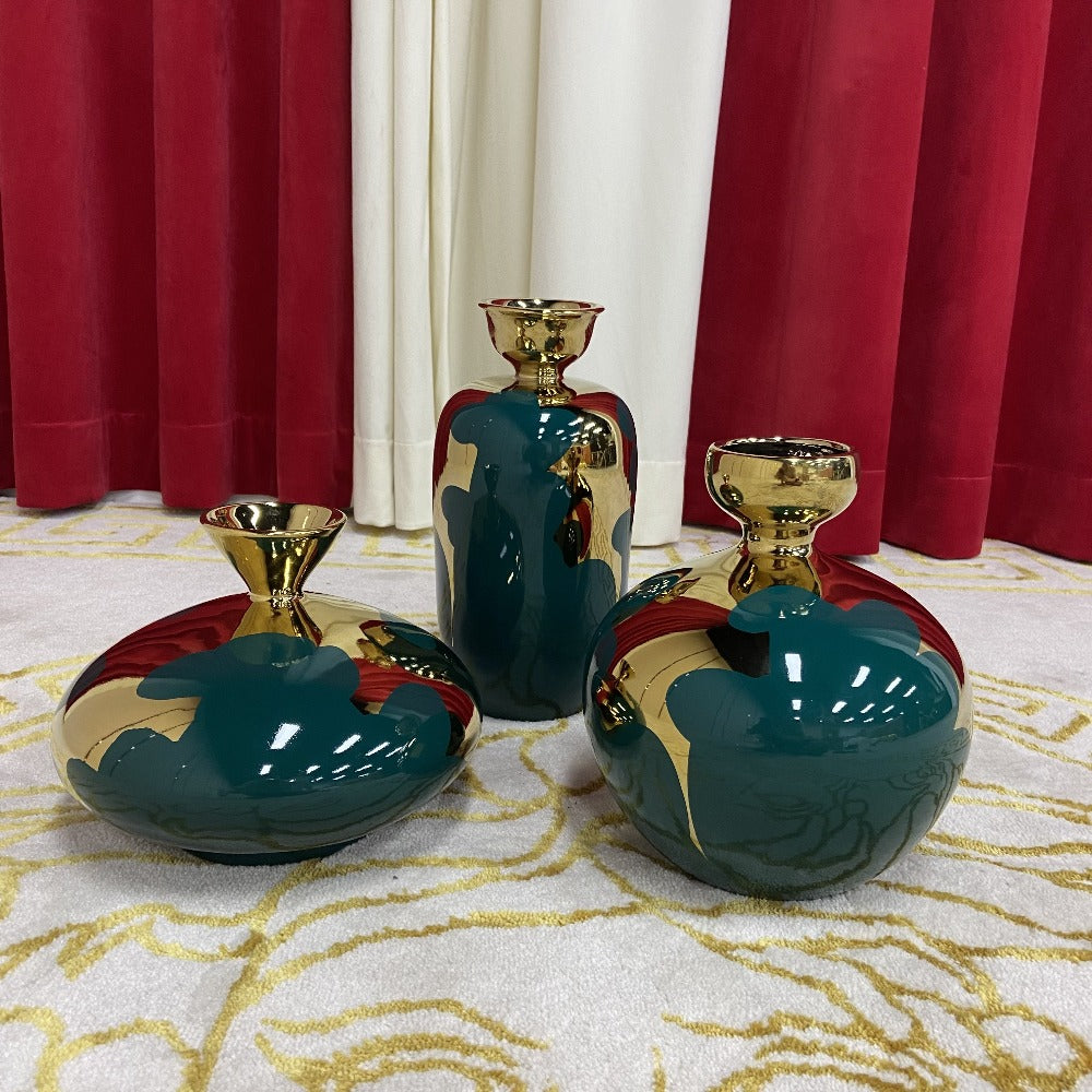 Ceramic Decorative Stands set of 3 in Green and Gold