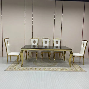Traditional Marble Dining with 8 White Leather Dining Chairs in Gold Stainless Steel frame