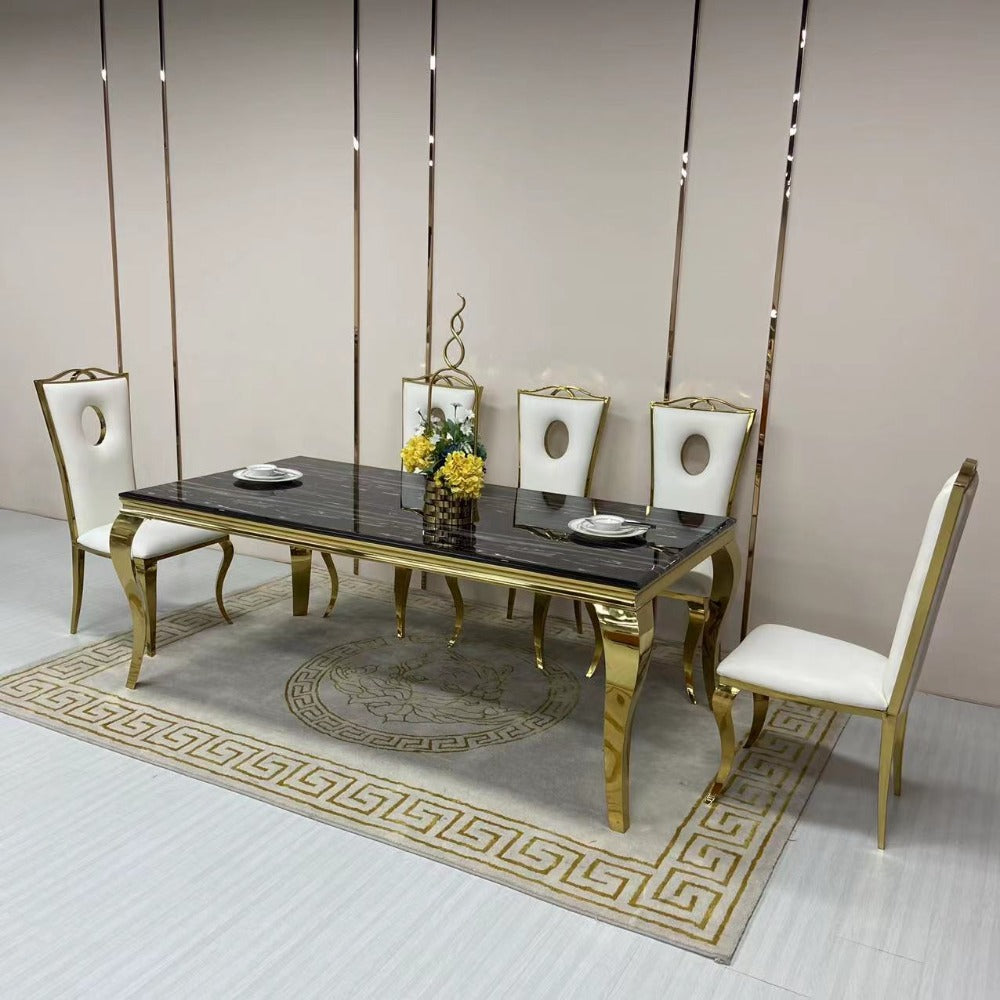 Traditional Marble Dining with 8 White Leather Dining Room Chairs in Gold Stainless Steel frame