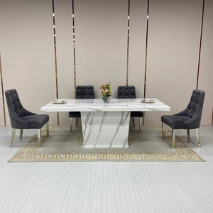 Modern Classy Marble Dining Table with 8 Grey Velvet Dining Room Chairs in Silver Stainless Steel frame