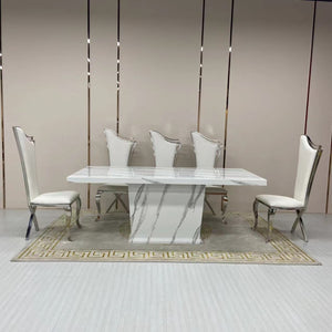 Modern Classy Marble Dining Table with 8 Classy White Leather in Silver Stainless Steel frame