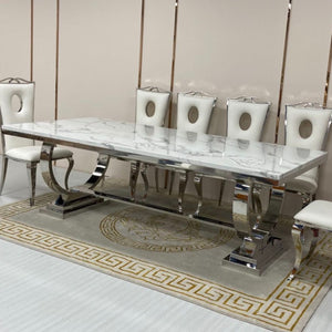 White Grey Marble Dining Table With Silver Stainless Steel Frame