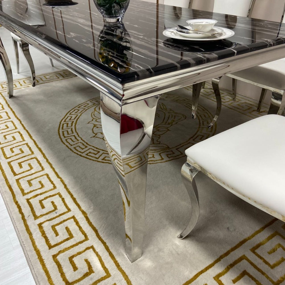 Traditional Marble Dining with 6 White Leather Dining Chairs in Gold Stainless Steel frame