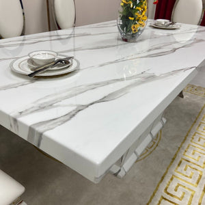 Modern Classy Marble Dining Table with 8 Classy White Leather Dining Chairs in Silver Stainless Steel frame