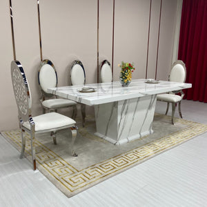 Modern Classy Marble Dining Table with 8 Modern White Leather in Silver Stainless Steel frame