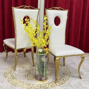 Gold Stainless Steel Framed Dining Room Chairs with White Leather