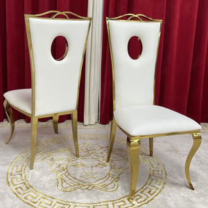 Gold Stainless Steel Framed Dining Chairs with White Leather