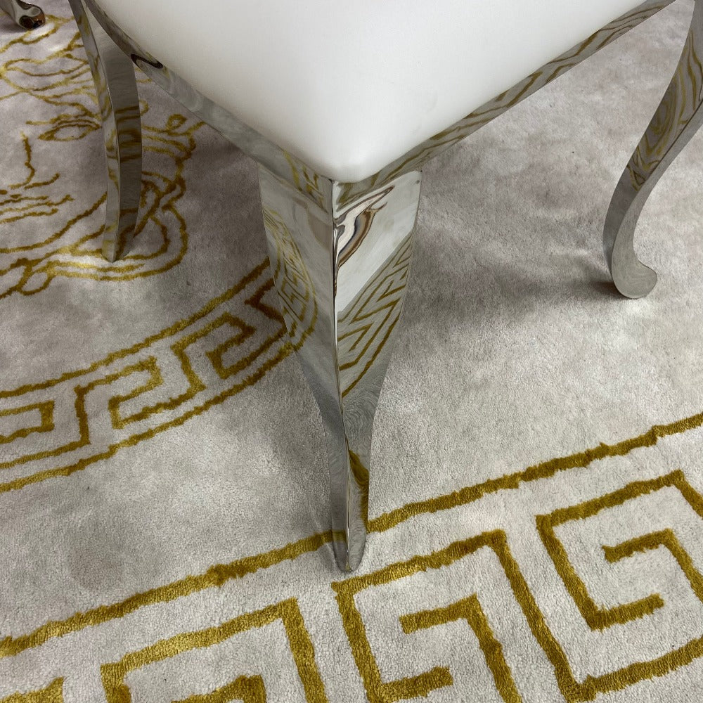 Silver Stainless Steel Framed Dining Chairs with White Leather