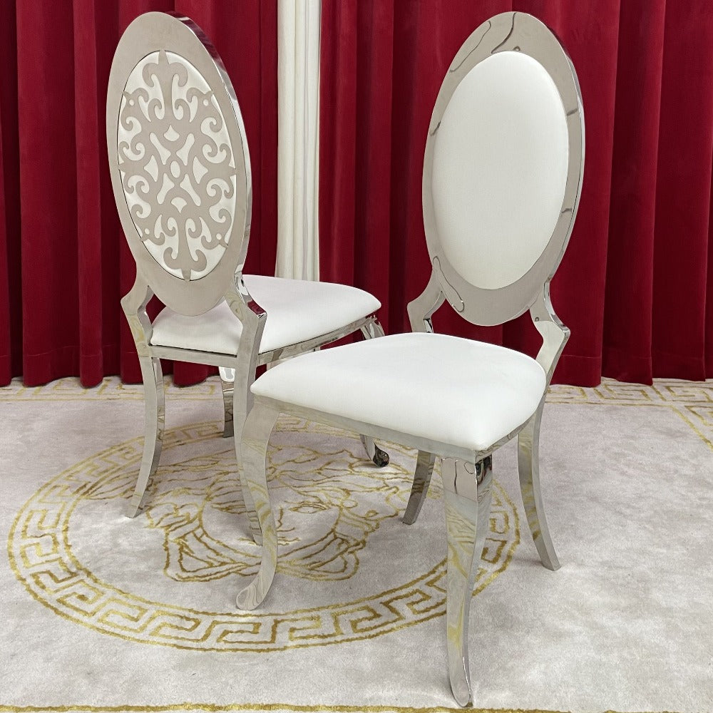 Silver Stainless Steel Framed Dining Chairs with White Leather