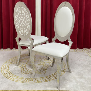 Silver Stainless Steel Framed Dining Chairs with White Leather