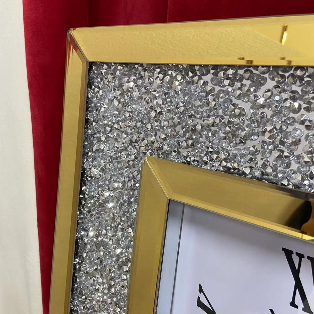 RBM Classic Home Quality Mirrored Furniture Diamond Crushed Glass Mirrored Silent Wall Clock with an Elegant, Luxurious Look for Perfect Decoration in Classic Gold Colour