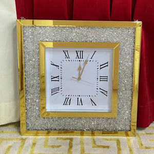 Diamond Crushed Glass Mirrored Silent Wall Clock with an Elegant, Luxurious Look for Perfect Decoration in Classic Gold Colour