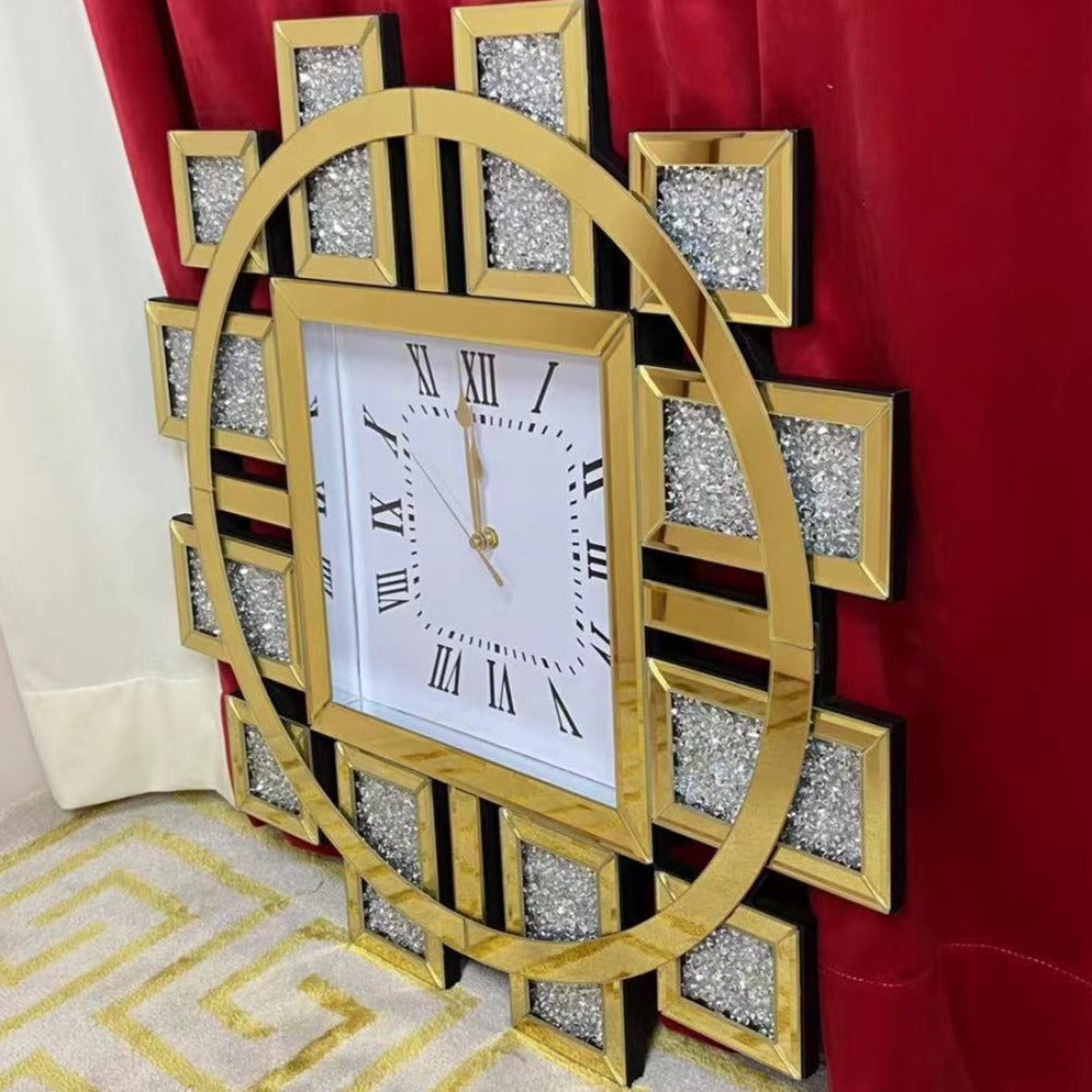 Diamond Crushed Glass Mirrored Silent Wall Clock in Gold