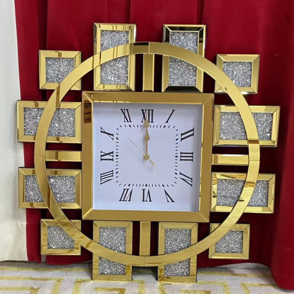 Diamond Crushed Glass Mirrored Silent Wall Clock in Rose Gold