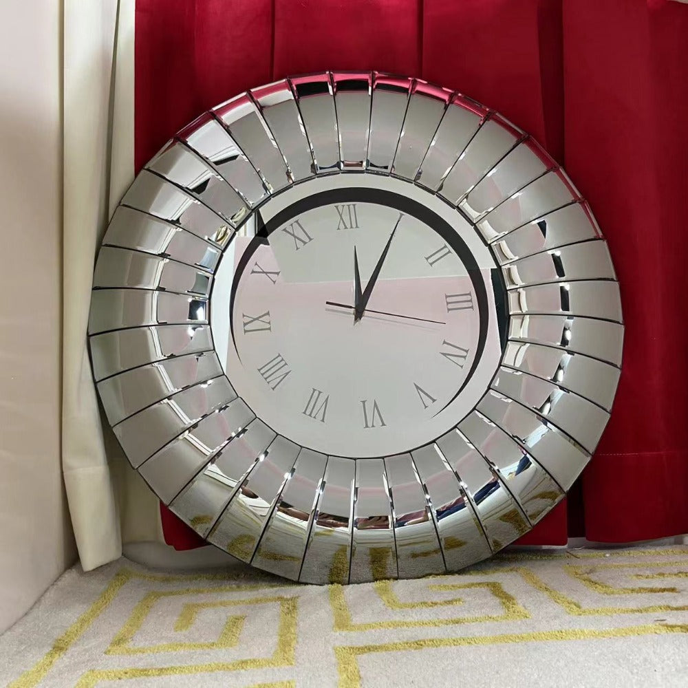 Elegant and Classy RBM Classic Home Glass Mirrored Silent Wall Clock in Silver, Wheel Shaped Classic Design