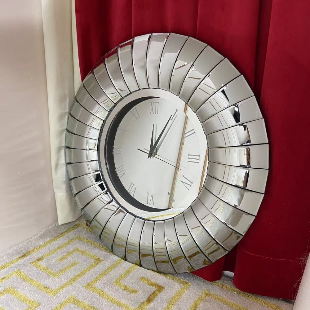 Diamond Crushed Glass Mirrored Silent Wall Clock in Silver