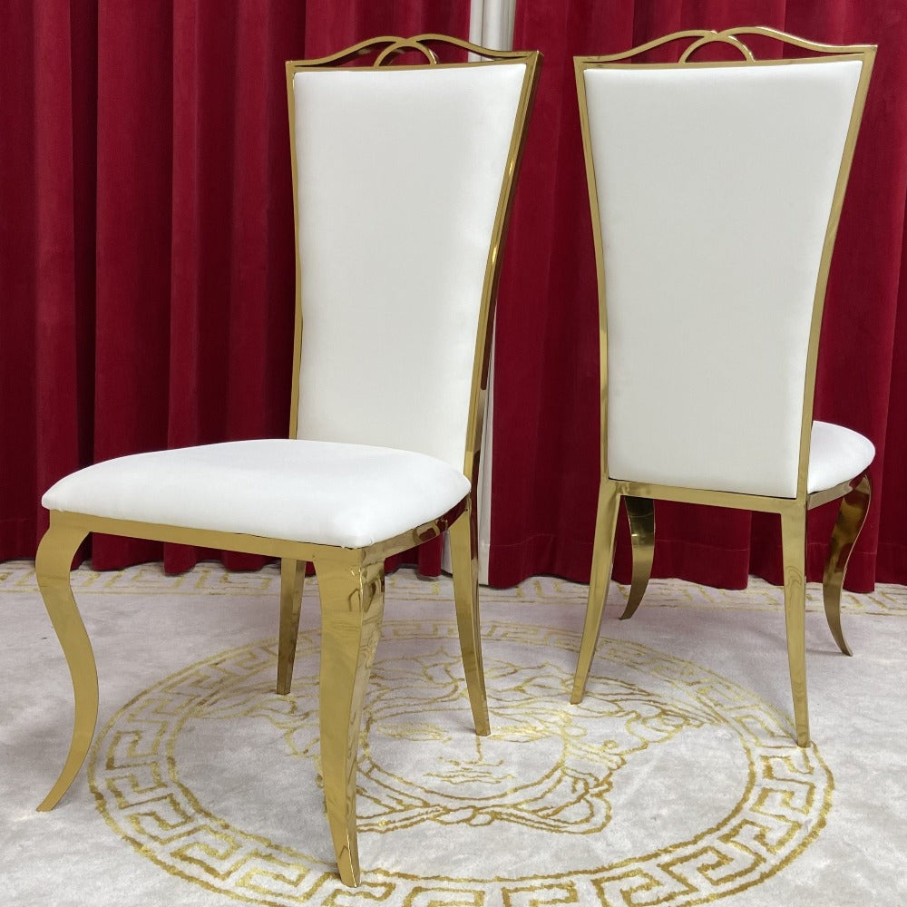 Gold Stainless Steel Framed Dining Chairs with White Leather