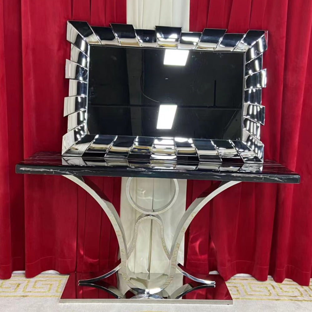 Modern Classy V8 Marble Hallway Console Table with Silver Stainless Steel Frame