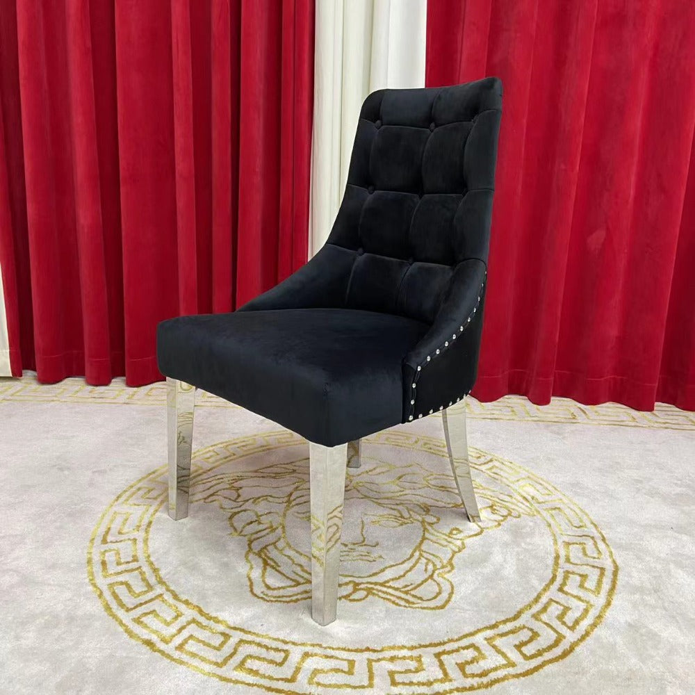 Classy 8 Seater Marble Dining Table With Gold Black Velvet Stainless Steel Frame Chairs