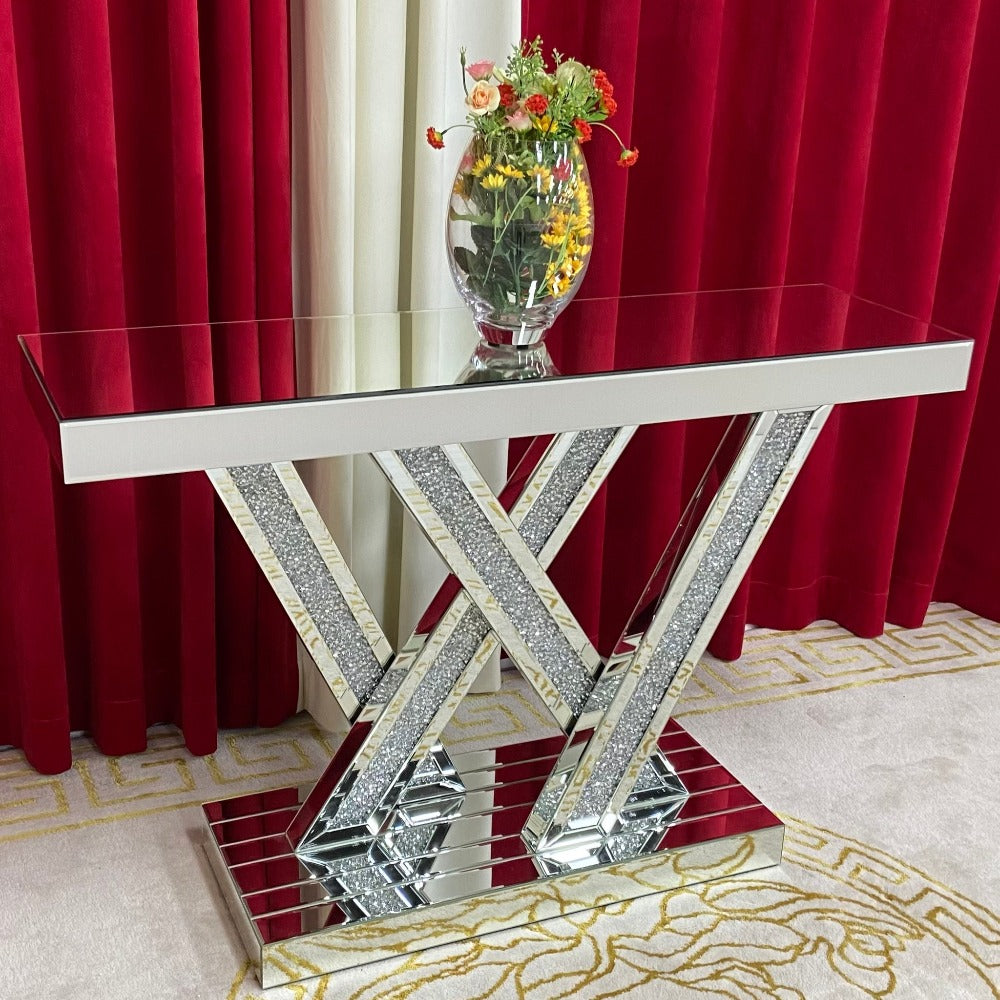 Diamond Crushed Mirrored Glass W Shaped Style Hallway Console Table in Silver Colour