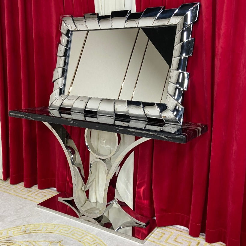 Luxury and Classy V8 Marble Hallway Console Table with Silver Stainless Steel Frame and Mirror
