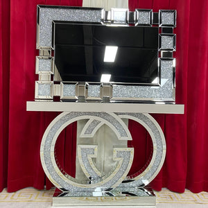 Modern Diamond Crushed Mirrored Glass GG Style Hallway Console Table and Mirror set