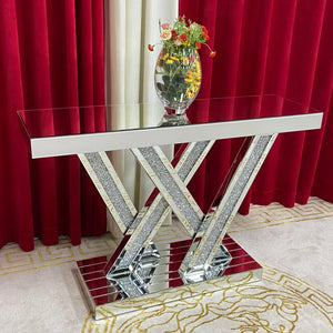 Modern Diamond Crushed Mirrored Glass W Shaped Style Hallway Console Table and Mirror set in Silver Colour