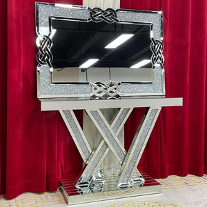 Classy Diamond Crushed Mirrored Glass W Shaped Style Hallway Console Table and Mirror set in Silver Colour