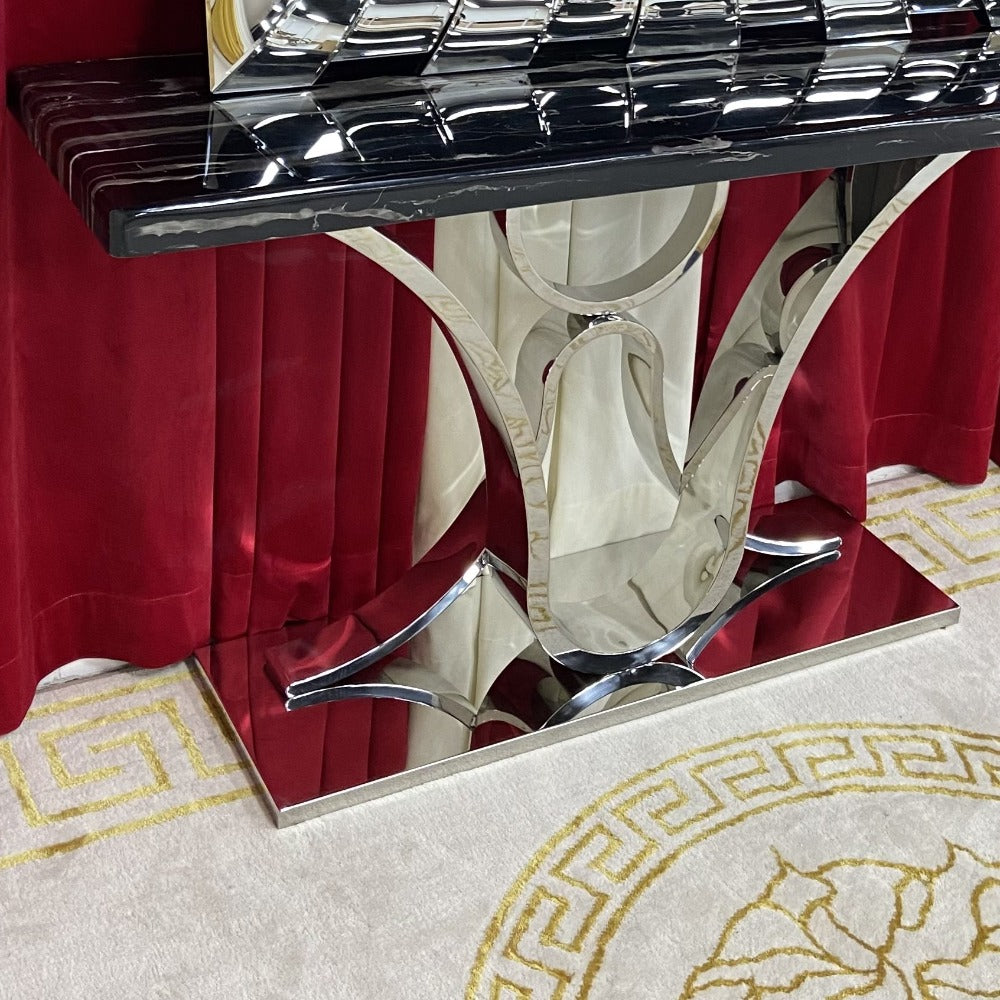 V8 Marble Hallway Console Table with Silver Stainless Steel Frame and Mirror