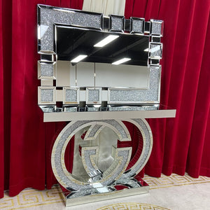 Classy Diamond Crushed Mirrored Glass GG Style Hallway Console Table and Mirror set in Silver