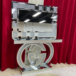 Diamond Crushed Mirrored Glass GG Style Hallway Console Table and Mirror set in Silver Colour