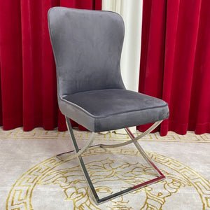 Modern Grey Velvet Dining Room Chair in Silver Stainless Steel Frame