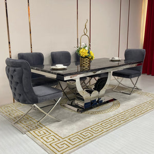 Classy U-Shaped Marble Dining Table with 6 Cream Grey Velvet Chairs in Silver Stainless steel frame