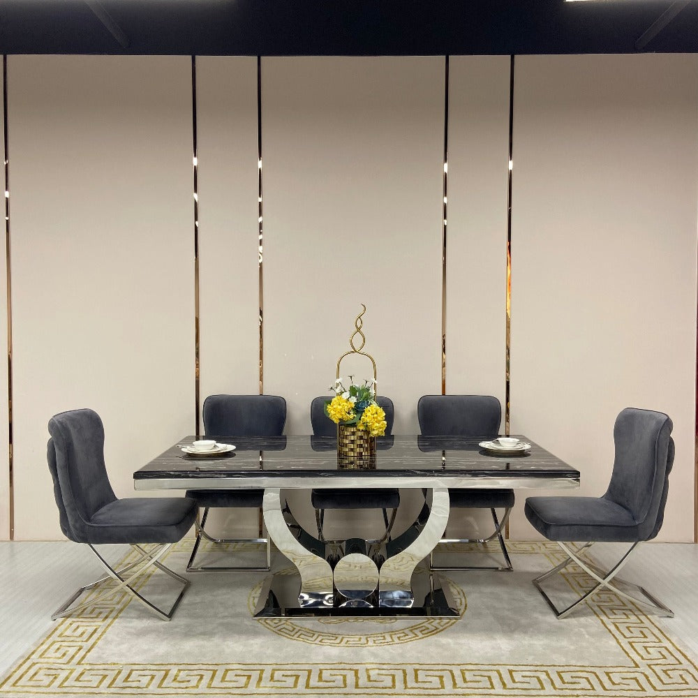 Classy Marble Dining Table with 6 Cream Black Velvet Dining Room Chairs in Silver Stainless steel frame