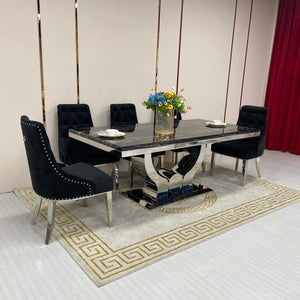 Classy Marble Dining Table with 6 Cream Black Velvet Dining Room Chairs in Silver Stainless steel frame