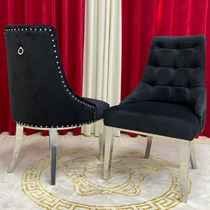 Black Velvet Cushioned and Comfortable Dining Room Chairs in Silver Stainless Steel Frame