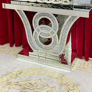 Diamond Crushed Mirrored Glass V8 Shaped Style Hallway Console Table in Silver Colour