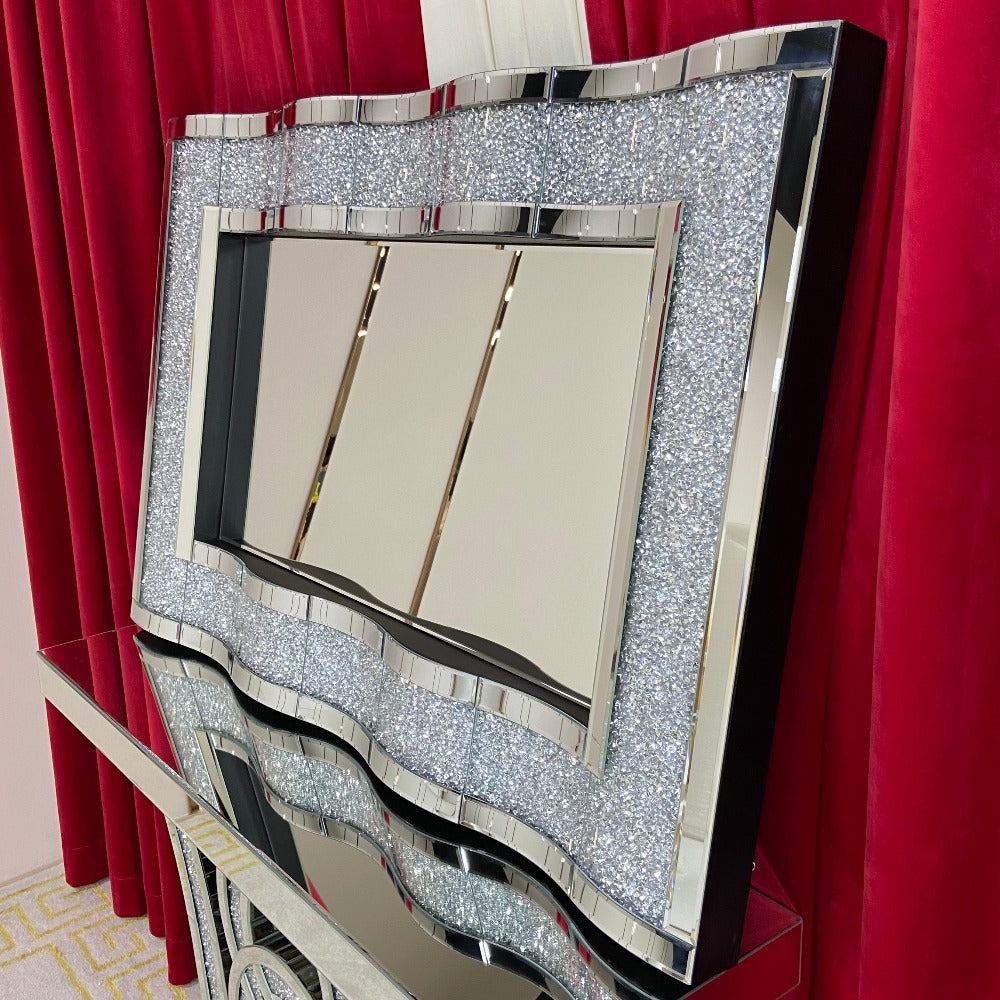 Silver Wave Shaped Diamond Crushed Glass Hallway Wall mirror at RBM Classic Home Mirrored Furniture with a WOW Factor