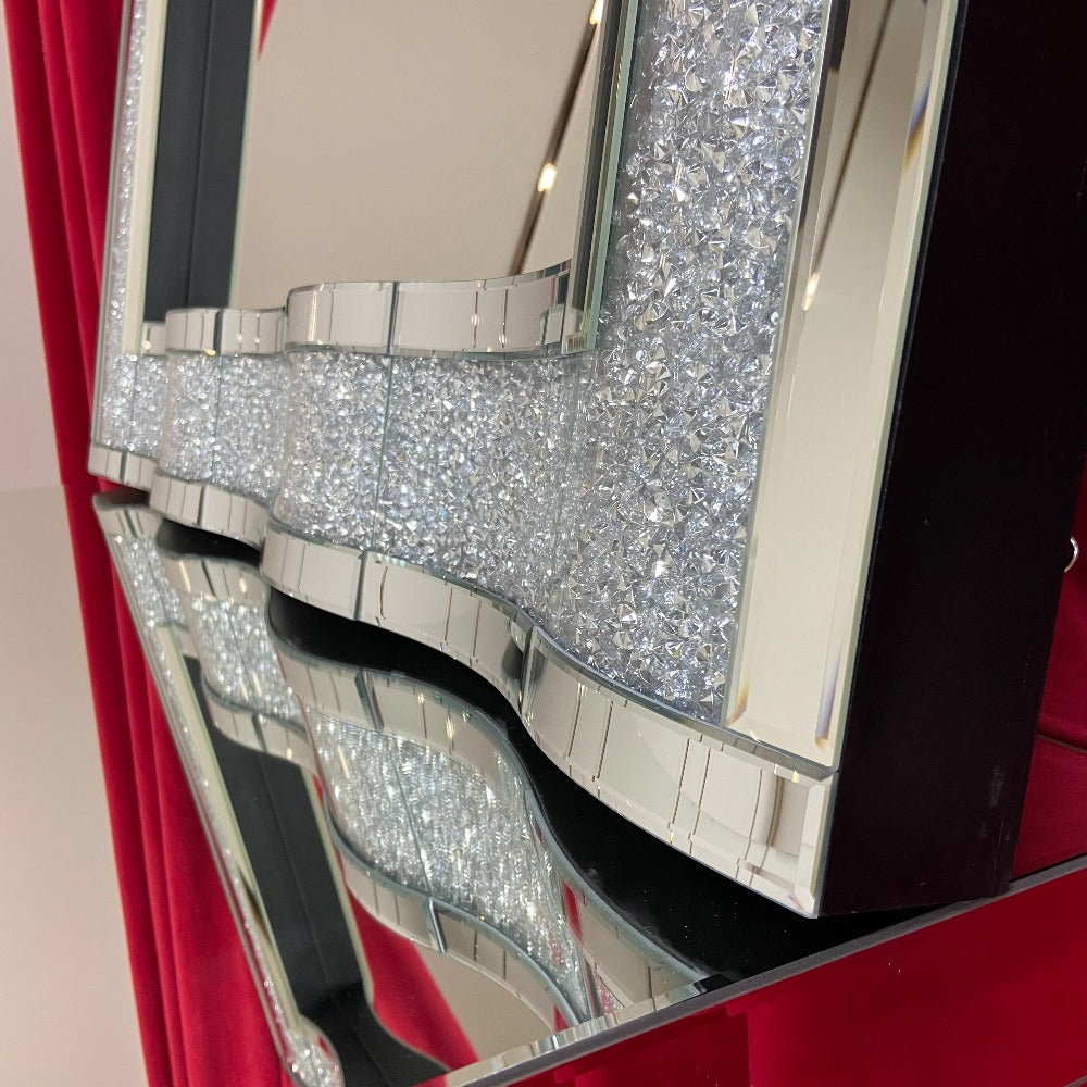 Modern Silver Diamond Crushed Glass Hallway Wall mirror Silver Wave Shaped Diamond Crushed Glass Hallway Wall mirror at RBM Classic Home Mirrored Furniture with a WOW Factor