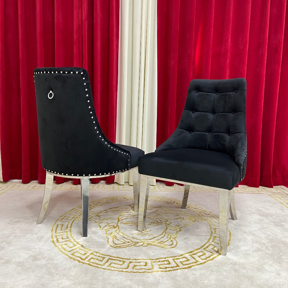 Luxurious and Stylish Elegant Marble Dining table with Silver Modern Black Velvet Dining Room Chairs in Stainless Steel Frame