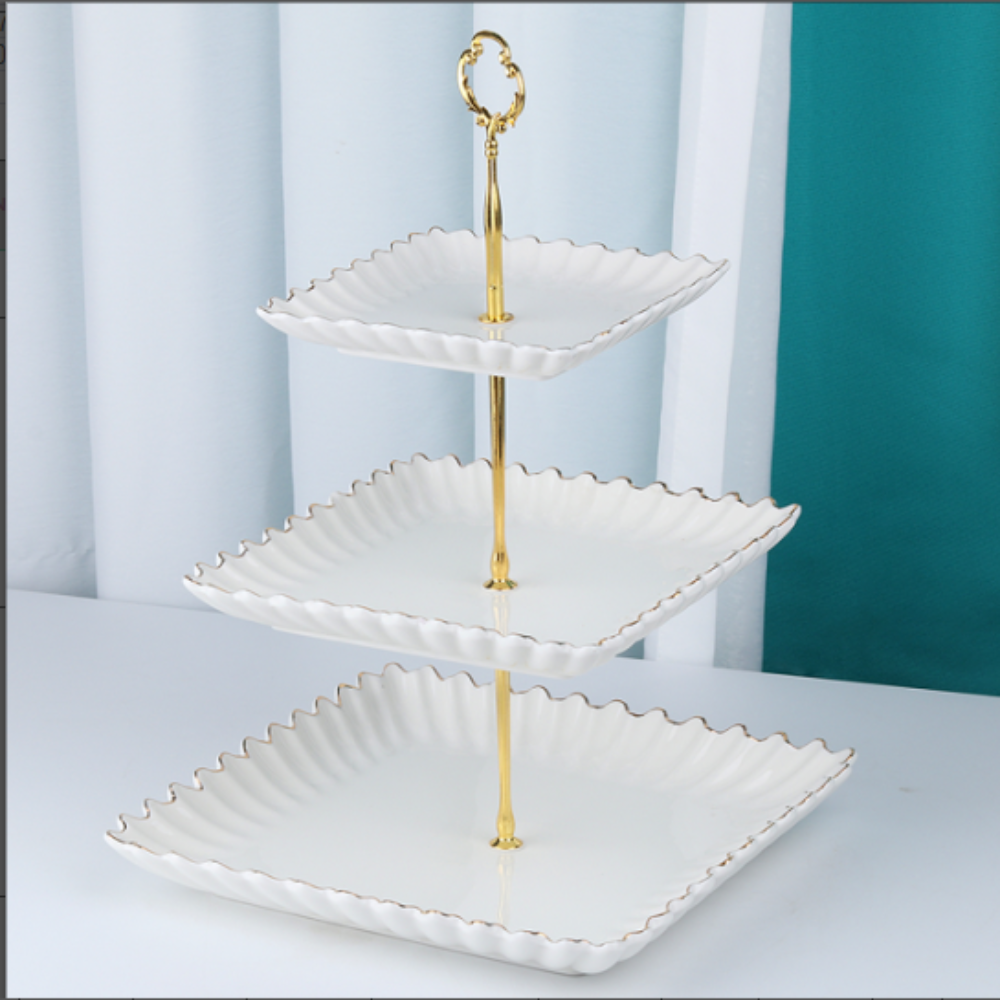 3 Tier White Ceramic Cake Stand with Sparkling Gold Finishing