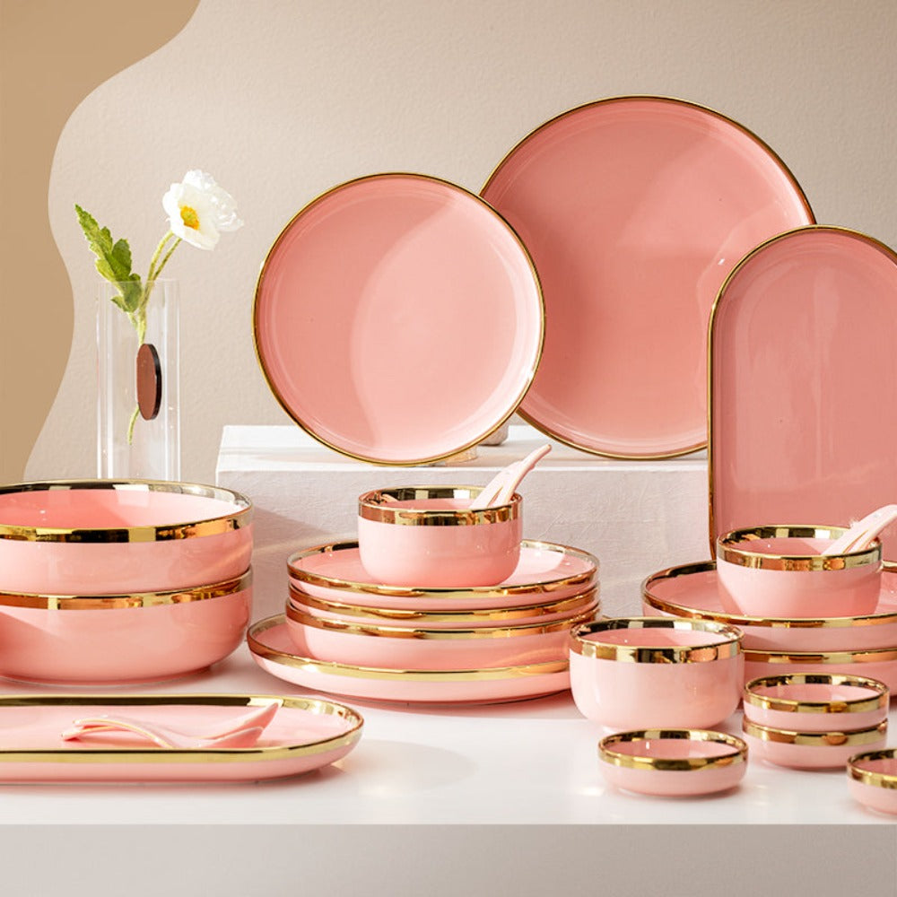 Modern, Classy and Elegant Ceramic dinner set with golden lining in pink, white and green plates