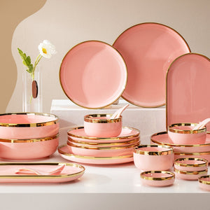 Modern, Classy and Elegant Ceramic dinner set with golden lining in pink, white and green plates
