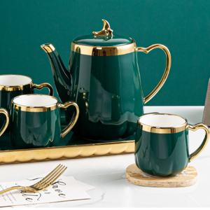 Green Classy Modern Ceramic Tea Pot, Tea Cups and Serving tray with Golden Trim Edges